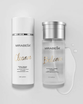 Image of Mirabella Beauty's cleanser & alcohol-free toner on a grey background.