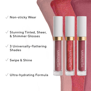 Mirabella Beauty's Limited Edition Hydrating Lip Gloss Trio, featuring three full-size, flattering shades for a non-sticky, glossy finish