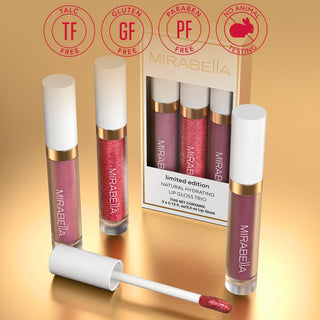 Hydrating lip gloss trio by Mirabella Beauty, includes Socialite, Pop the Bubbly, and Soiree shades, perfect for makeup lovers