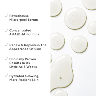 Image of serum droplets for Mirabella's Clarifying Serum with key sales points, like its micro-peel formulation to hydrate, renew, & replenish skin.