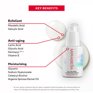 Image of Mirabella clarifying serum on a white background with key benefit callouts, like exfoliant, anti-aging, & moisturizing enriched formula.