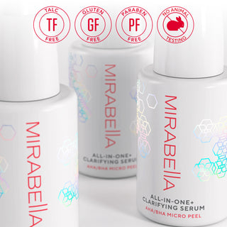 Image of Clarifying Serum by Mirabella with brand's "no-no" circles at the top, shows the item doesn't hold parabens, gluten, talc, or animal testing.