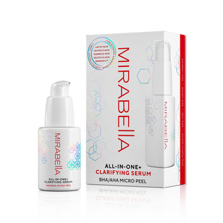 An upclose image of Mirabella's All-In-One Clarifying Serum with AHA+BHA exfoliants is shown next to its secondary carton on a white background.