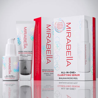 An up-close image of Mirabella's All-In-One Clarifying Serum and Broad Spectrum SPF 30 Hydrate Primer with their secondary cartons is shown.