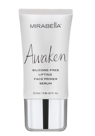 Awaken Silicone-Free Primer in white bottle: Tightens skin & ensures long-lasting makeup for a flawless finish.