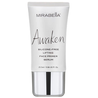 Awaken Silicone-Free Primer in white bottle: Tightens skin & ensures long-lasting makeup for a flawless finish.