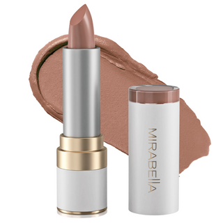 Mirabella's Sealed With A Kiss Lipstick shade Barely Beige lipstick tube alongside opened cap & swatch in background.