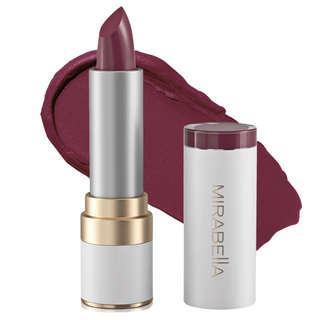 Mirabella's Sealed With A Kiss Lipstick shade Berried Modern Matte lipstick tube alongside opened cap & swatch in background.