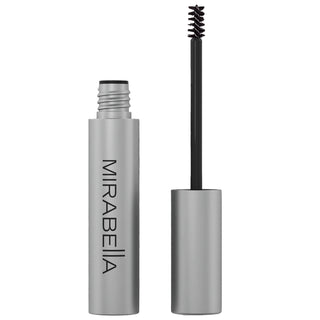 Mirabella Pro Sculpt Clear Brow Gel tube with spoolie wand on white background .