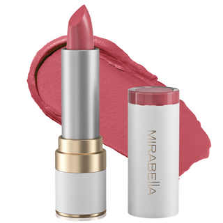 Mirabella's Sealed With A Kiss Lipstick shade Coral Crush lipstick tube alongside opened cap & swatch in background.