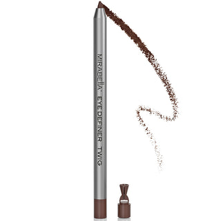 Mirabella Eye Definer in Twig Shade packaging highlighting the retractable design and built-in sharpener on white background.