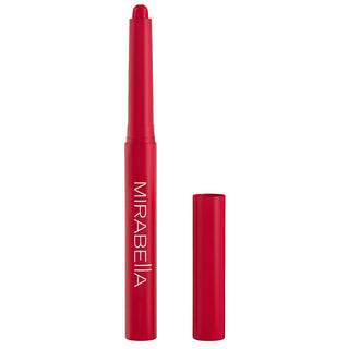 Image of Mirabella's bold Velvet Lip Crayon matte lip pencil shown upright in shade Gameday Red with cap next to the pencil.