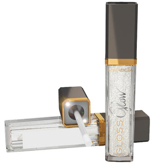 Mirabella Glow Light-Up Lip Gloss tube with built-in light and mirror, offering high shine and moisturizing formula for lips