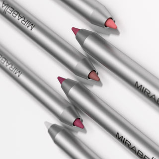 Mirabella Line & Define Retractable Lip Pencils showing pointed tip of sleek product in 6 vibrant shades.