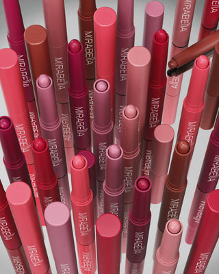 Image of Mirabella Beauty's new Velvet Lip Crayon matte, longwear shades and packaging.