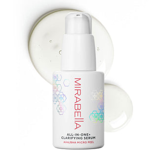 Mirabella Beauty All-In-One Clarifying Serum micro-peel contains AHA+BHA, lactic acid, & glycolic acid to improve skin texture, tone, & pigmentation.