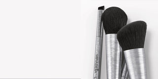 Mirabella Pro Vegan Makeup Brush Image showing the black synthetic bristles and brushed aluminum handles.