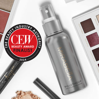 Image of Mirabella Beauty's Bulletproof Matte Makeup Setting Spray with CEW Beauty Award Finalist Emblem for Best Indie Makeup Product. 