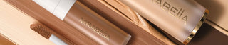 A banner image of Mirabella's Invincible For All foundation and concealer on a background showcasing the complexion products creamy formula. 