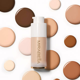 Image of Mirabella's Invincible for All Anti aging HD Foundation with shade circles around the back.