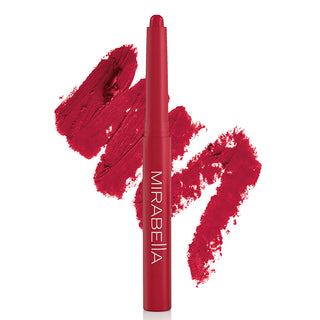 Image of Mirabella's bold Velvet Lip Crayon matte lip pencil shown upright in shade Gameday Red with large shade swatch behind the pencil.