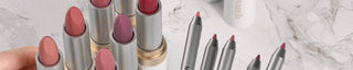 A banner image of Mirabella Beauty gluten-free lip products, including the Sealed with a Kiss Lipsticks and Lip Liners.