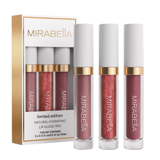 Limited Edition Hydrating Lip Gloss Trio with shades Socialite, Pop the Bubbly, and Soiree for glossy, hydrated lips.