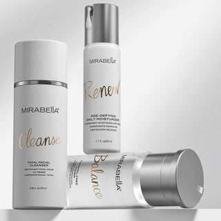 Image of Mirabella's gluten-free skincare from cleanser to alcohol-free toner and moisturizer. 