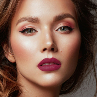 Image of Mirabella Makeup model in sultry valentines day makeup look with new Velvet Lip Crayon in Raspberry Riot