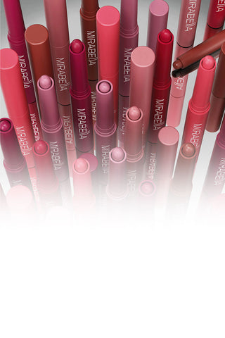 Mobile Banner image of Mirabella's new Velvet Lip Crayons showing the different bold matte shades and new component design.