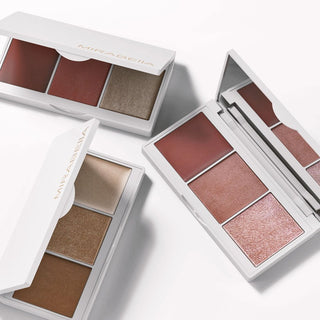 Image showcasing Mirabella's Pro Face Trio makeup palettes with cream and powder blush plus highlighter. 