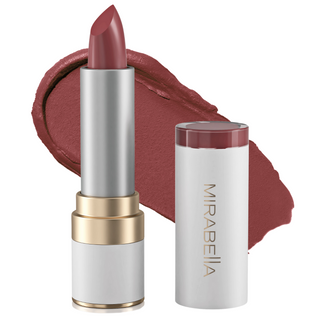 Mirabella's Sealed With A Kiss Lipstick shade Mulberry Mocha lipstick tube alongside opened cap & swatch in background.