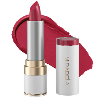 Mirabella's Sealed With A Kiss Lipstick shade Perfect Red lipstick tube alongside opened cap & swatch in background.