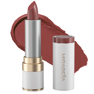 Mirabella's Sealed With A Kiss Lipstick shade Rosy Modern Matte lipstick tube alongside opened cap & swatch in background.