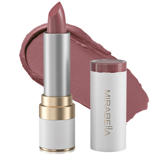 Mirabella's Sealed With A Kiss Lipstick shade Rosy Rouge lipstick tube alongside opened cap & swatch in background.