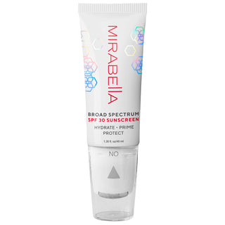 Upclose image of Mirabella's Hydrate • Prime Protect SPF 30 Face Primer on white background.