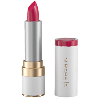 Image of Mirabella Sealed With A Kiss Lipstick in Perfect Red long wearing shade alongside opened cap.