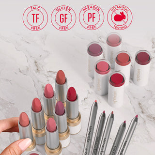 Image of Mirabella's Sealed With A Kiss Lipstick on multi-color background alongside the brand's ethos of "no-no's".