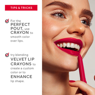 Image showing Model with Mirabella new Velvet Lip crayon along with Tips & Tricks for wearing the brand's new bold matte lip product.