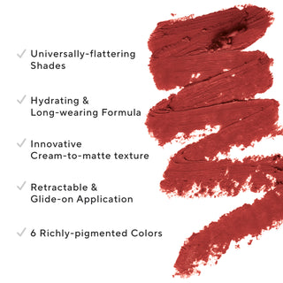 Image showing swatch of Mirabella's new Velvet Lip Crayon alongside key callouts for the brand's new bold matte lip product.