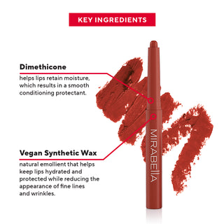 Mirabella Beauty's Velvet Lip Pencil Key Ingredients, like Dimethicone & Vegan Synthetic Wax, described in detail on white.