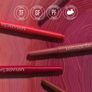 Image of Mirabella's new Velvet Lip Pencils on multi-color background alongside the brand's ethos of "no-no's".