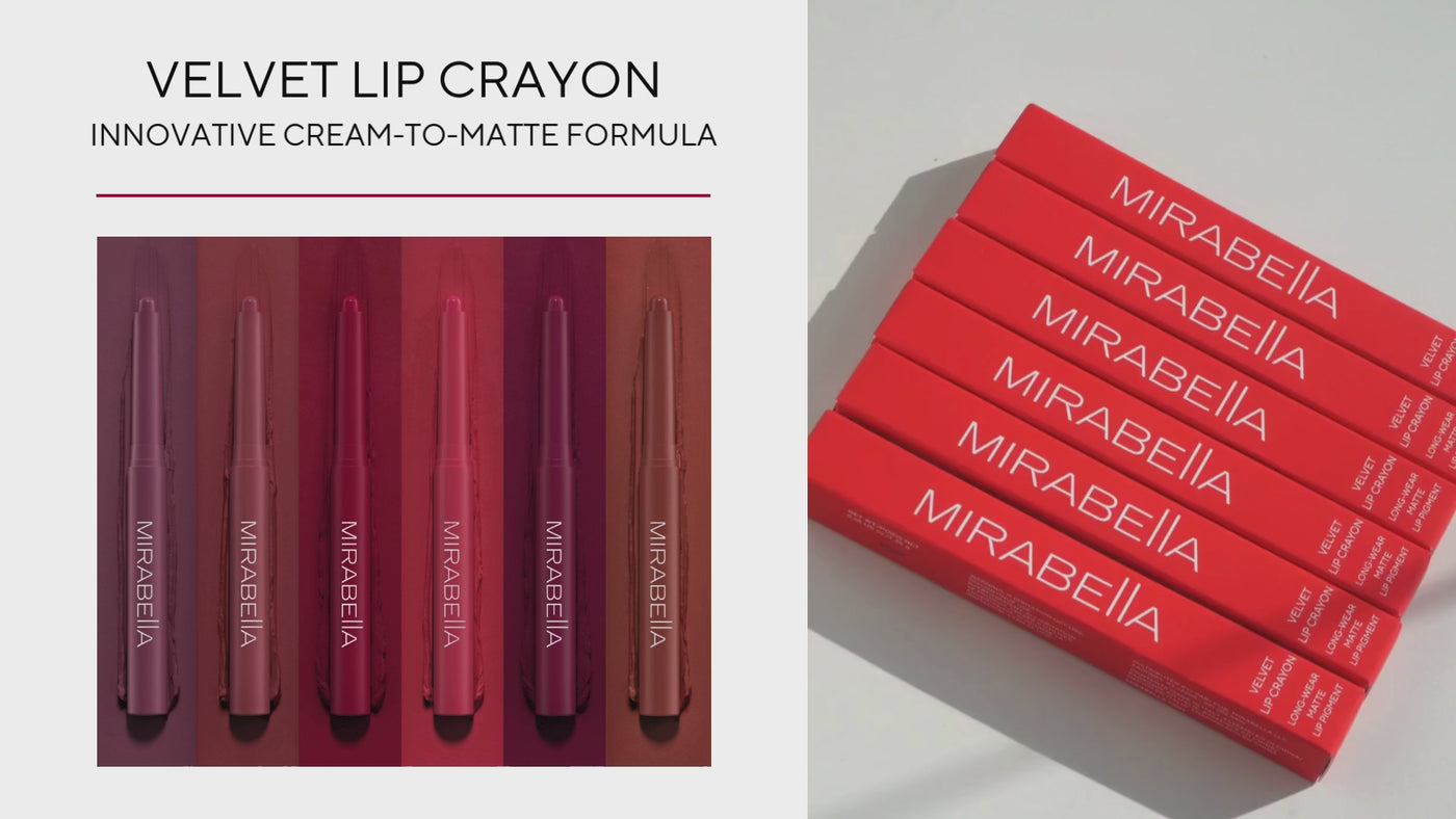 Video of Mirabella Influencer Lisha trying on the new Velvet Lip Crayons and showing their matte shades and smudgeproof formula. 